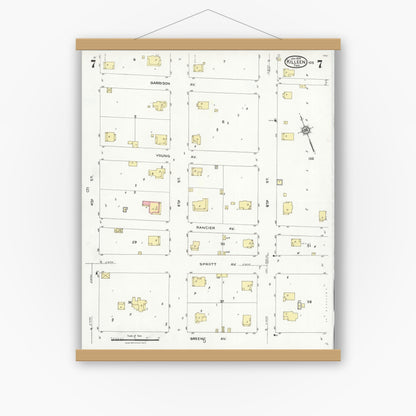 Old map wall art mockup — magnetic wood frame on white wall — Sanborn Fire Insurance Map from Killeen, Bell County, Texas (1926), Sheet #0007