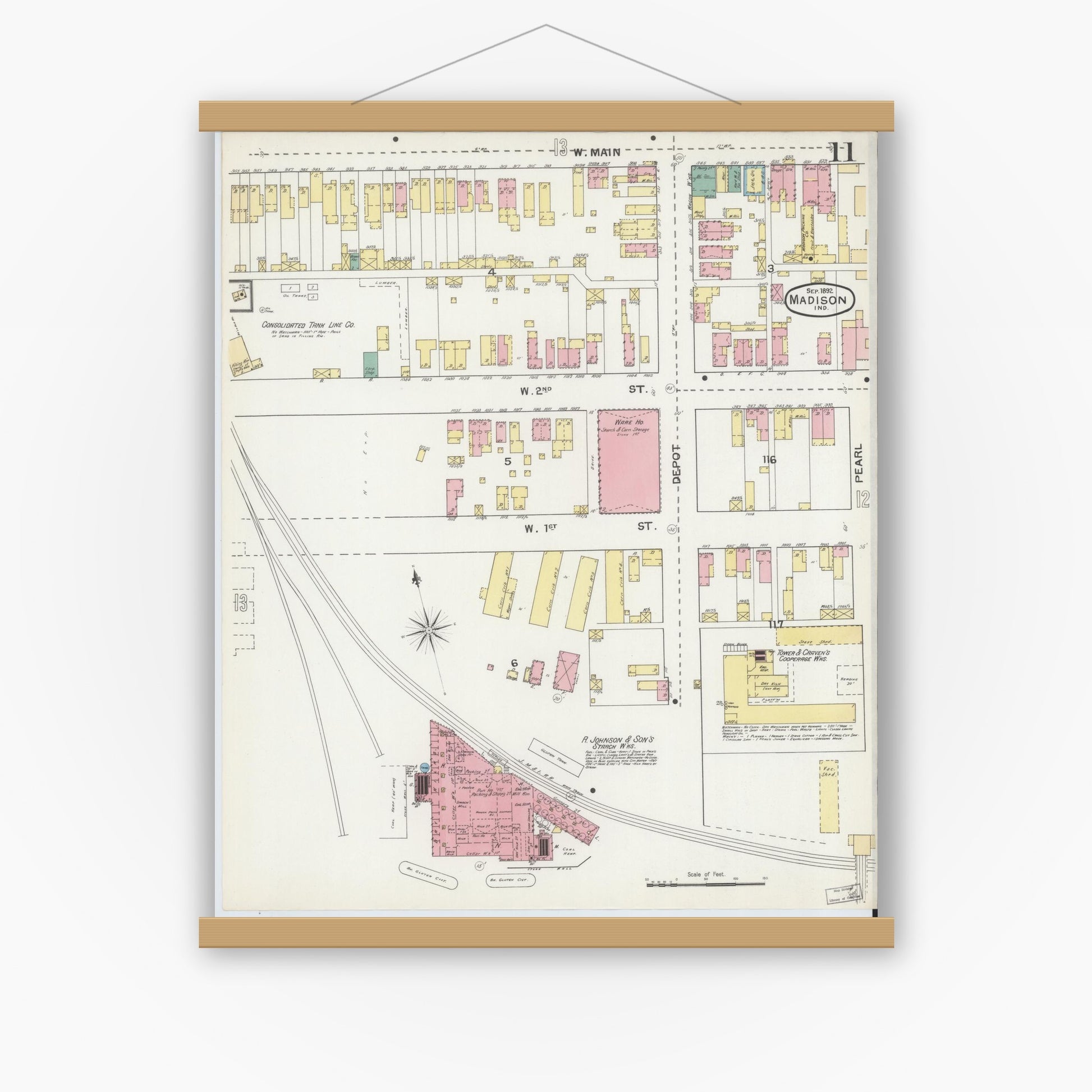 Old map wall art mockup — magnetic wood frame on white wall — Sanborn Fire Insurance Map from Madison, Jefferson County, Indiana (1892), Sheet #0011