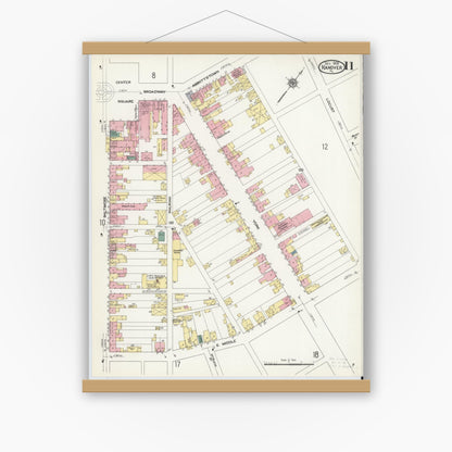 Old map wall art mockup — magnetic wood frame on white wall — Sanborn Fire Insurance Map from Hanover, York County, Pennsylvania (1909), Sheet #0011