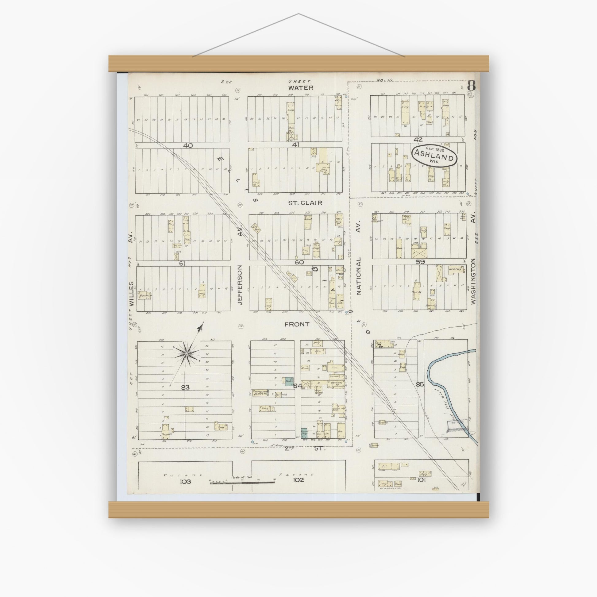Old map wall art mockup — magnetic wood frame on white wall — Sanborn Fire Insurance Map from Ashland, Ashland County, Wisconsin (1886), Sheet #0008