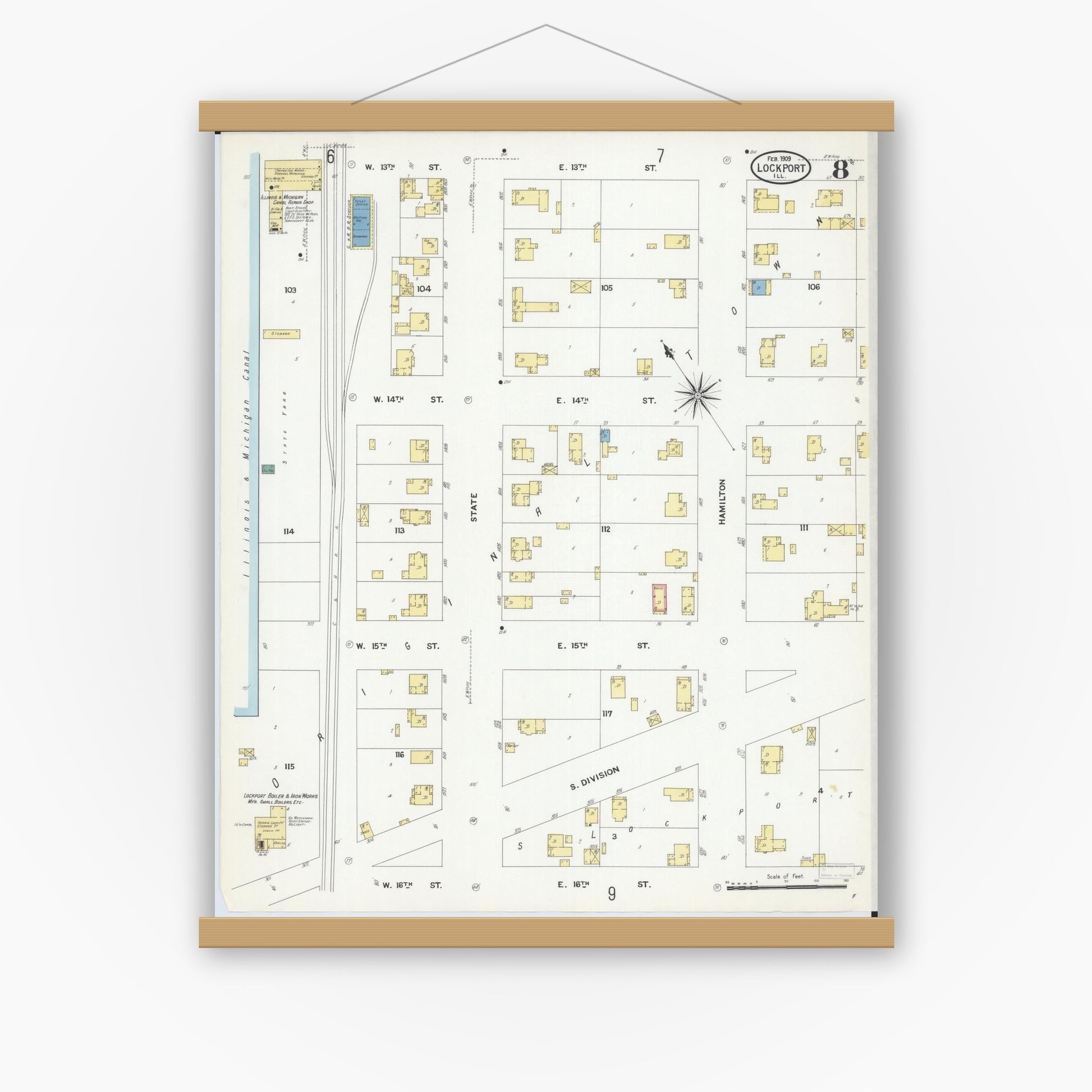 Old map wall art mockup — magnetic wood frame on white wall — Sanborn Fire Insurance Map from Lockport, Will County, Illinois (1909), Sheet #0008