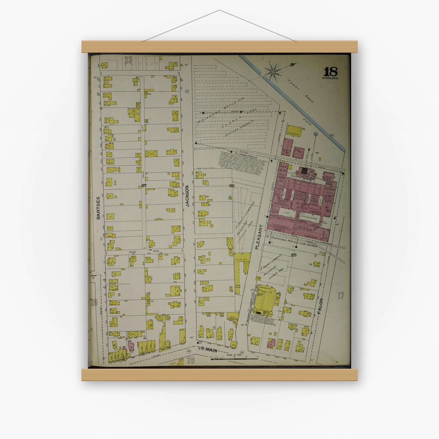 Old map wall art mockup — magnetic wood frame on white wall — Sanborn Fire Insurance Map from Akron, Summit County, Ohio (1892), Sheet #0018