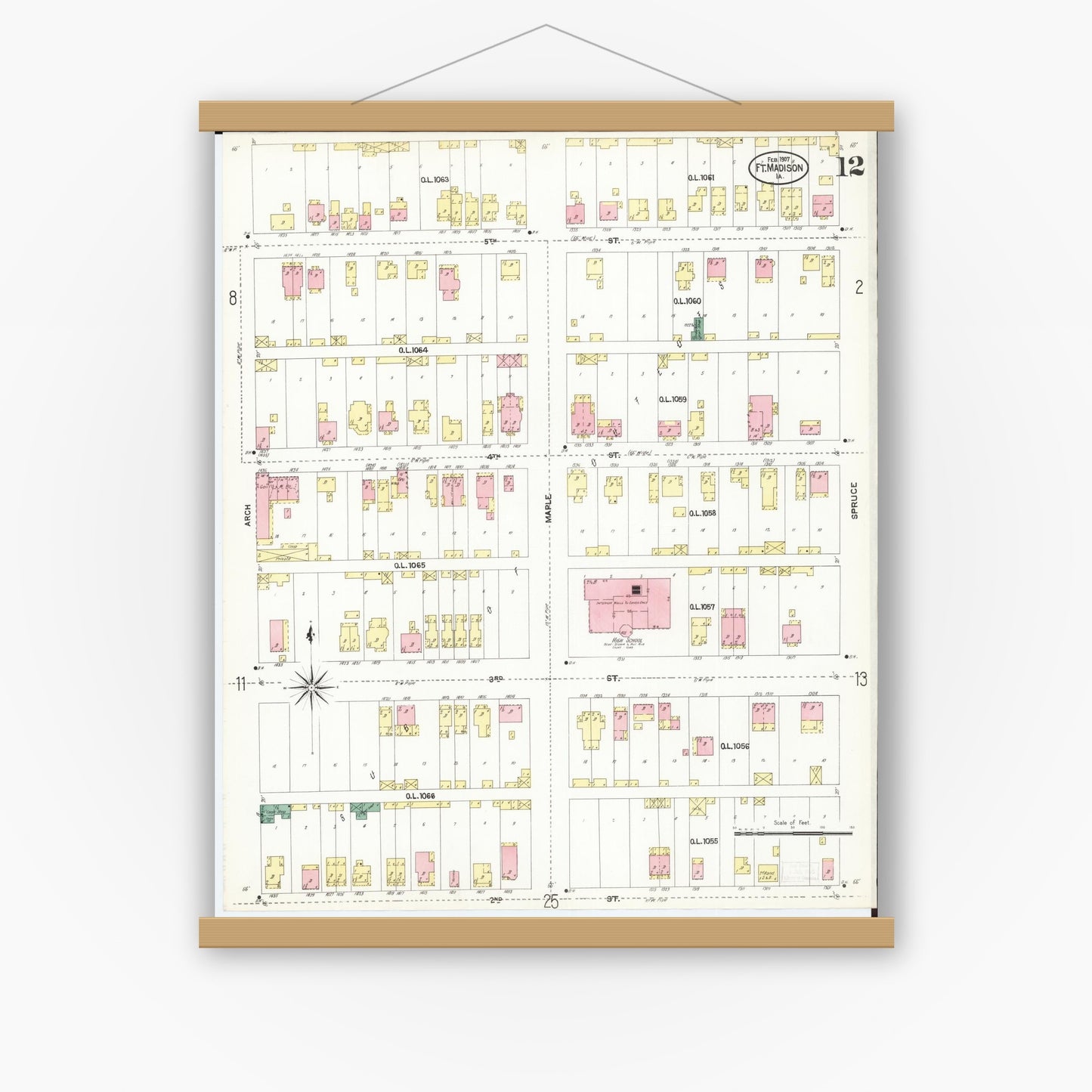 Old map wall art mockup — magnetic wood frame on white wall — Sanborn Fire Insurance Map from Fort Madison, Lee County, Iowa (1907), Sheet #0012
