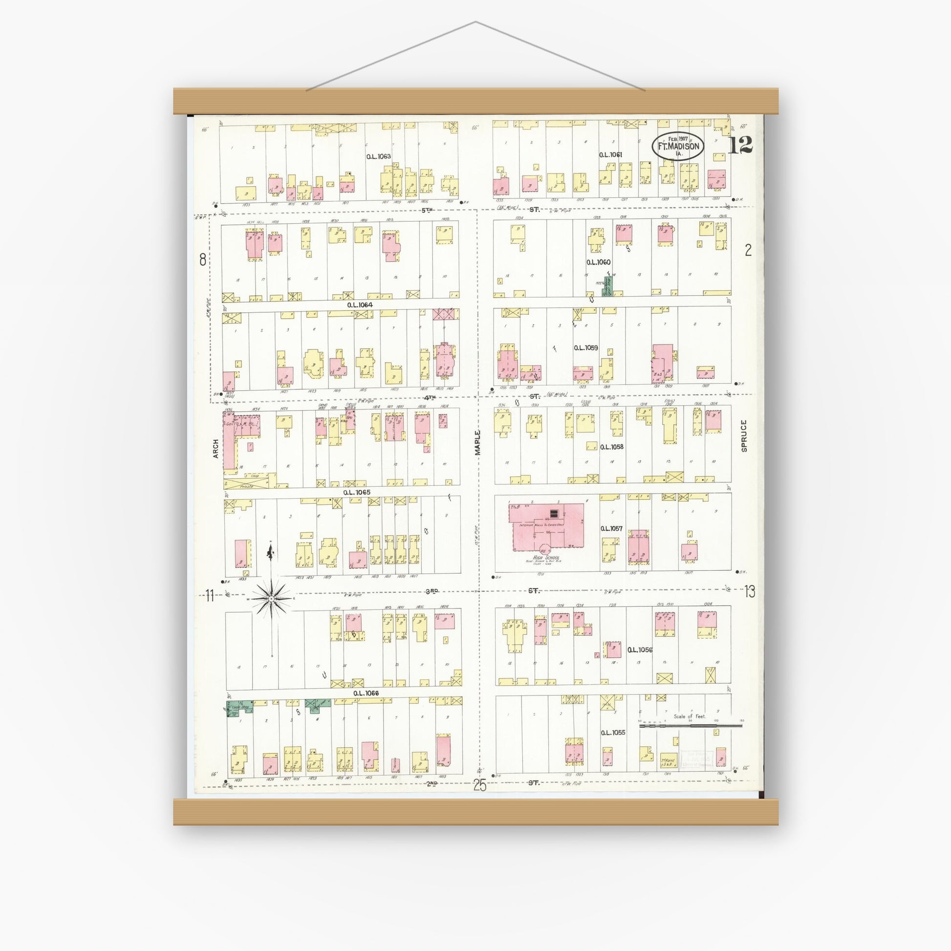 Old map wall art mockup — magnetic wood frame on white wall — Sanborn Fire Insurance Map from Fort Madison, Lee County, Iowa (1907), Sheet #0012