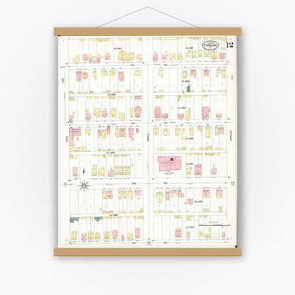 Old map wall art mockup — magnetic wood frame on white wall — Sanborn Fire Insurance Map from Fort Madison, Lee County, Iowa (1907), Sheet #0012