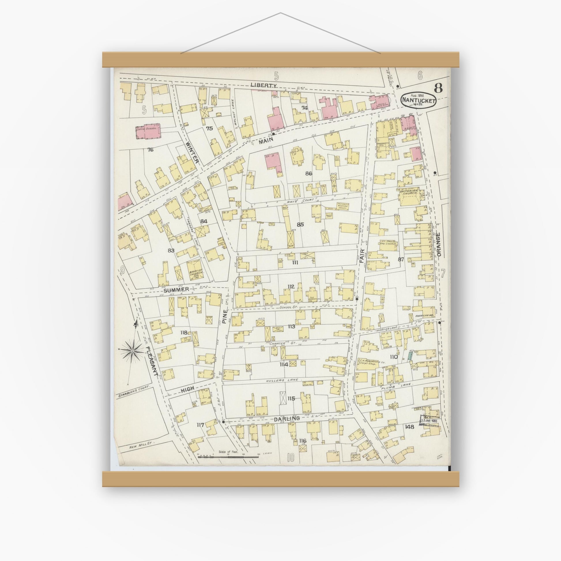 Old map wall art mockup — magnetic wood frame on white wall — Sanborn Fire Insurance Map from Nantucket, Nantucket County, Massachusetts (1892), Sheet #0008