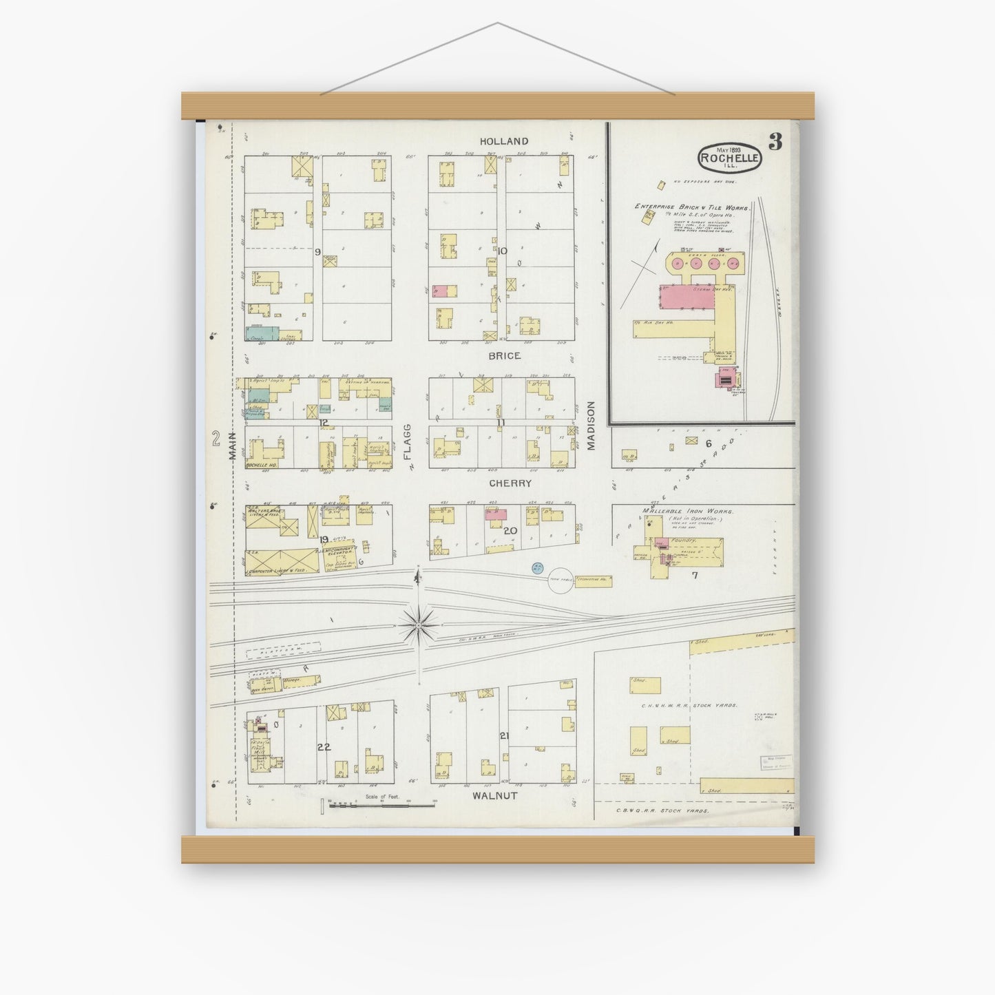 Old map wall art mockup — magnetic wood frame on white wall — Sanborn Fire Insurance Map from Rochelle, Ogle County, Illinois (1893), Sheet #0003