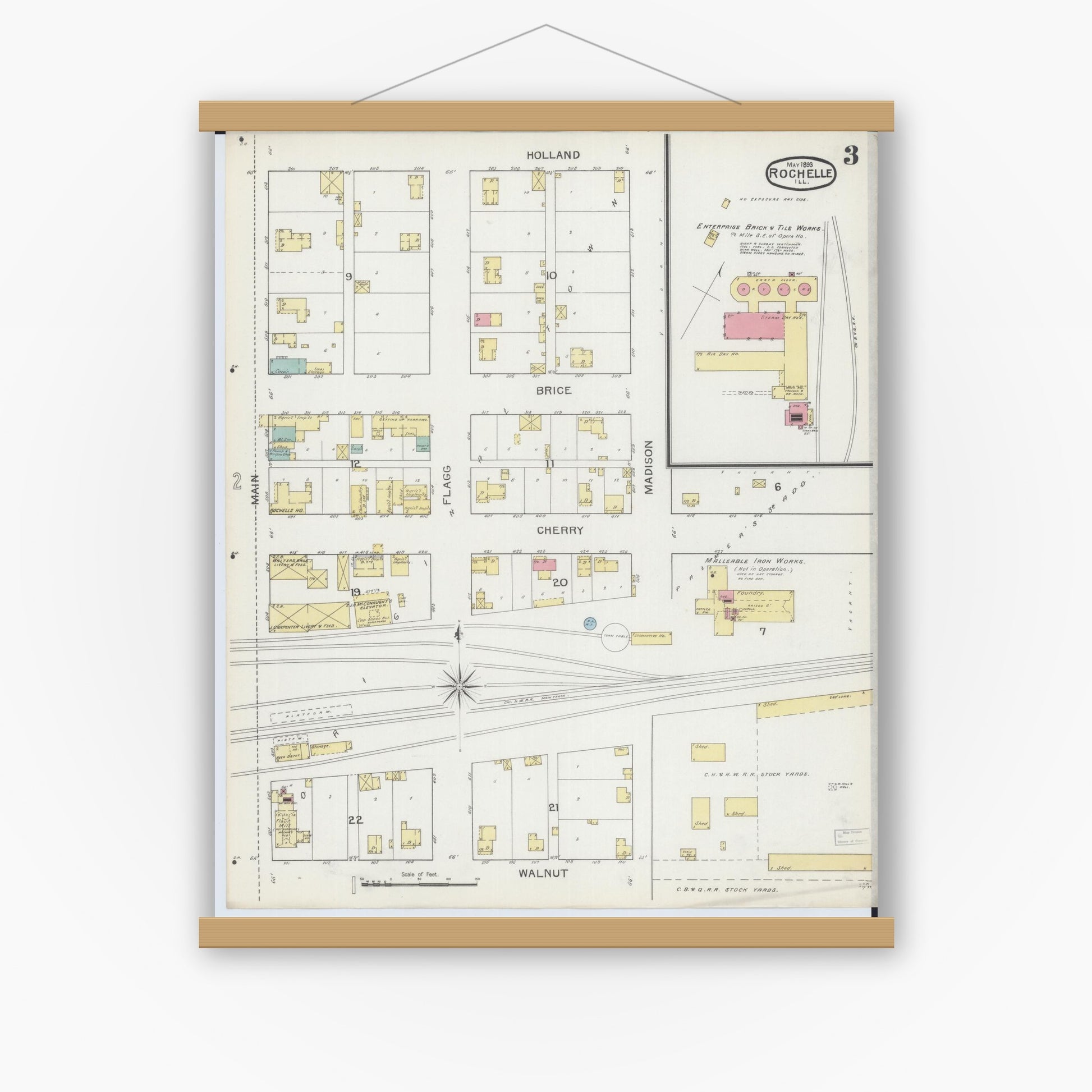 Old map wall art mockup — magnetic wood frame on white wall — Sanborn Fire Insurance Map from Rochelle, Ogle County, Illinois (1893), Sheet #0003