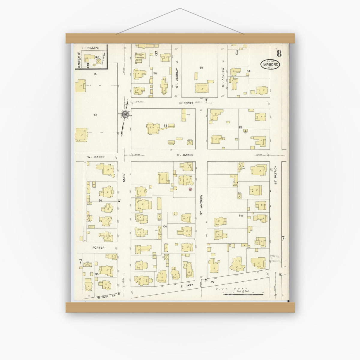 Old map wall art mockup — magnetic wood frame on white wall — Sanborn Fire Insurance Map from Tarboro, Edgecombe County, North Carolina (1913), Sheet #0008