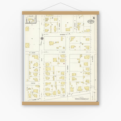Old map wall art mockup — magnetic wood frame on white wall — Sanborn Fire Insurance Map from Tarboro, Edgecombe County, North Carolina (1913), Sheet #0008