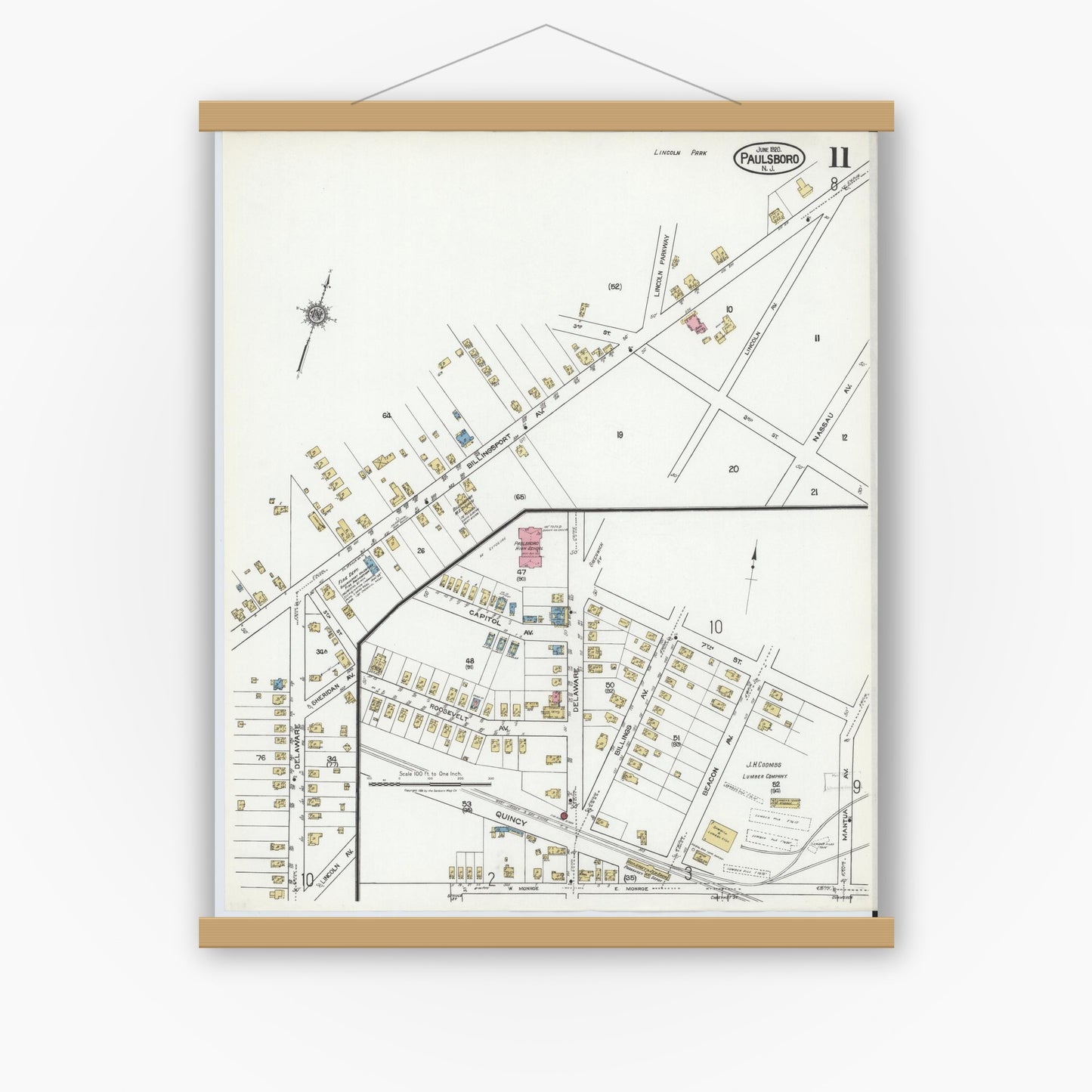 Old map wall art mockup — magnetic wood frame on white wall — Sanborn Fire Insurance Map from Paulsboro, Gloucester County, New Jersey (1920), Sheet #0011