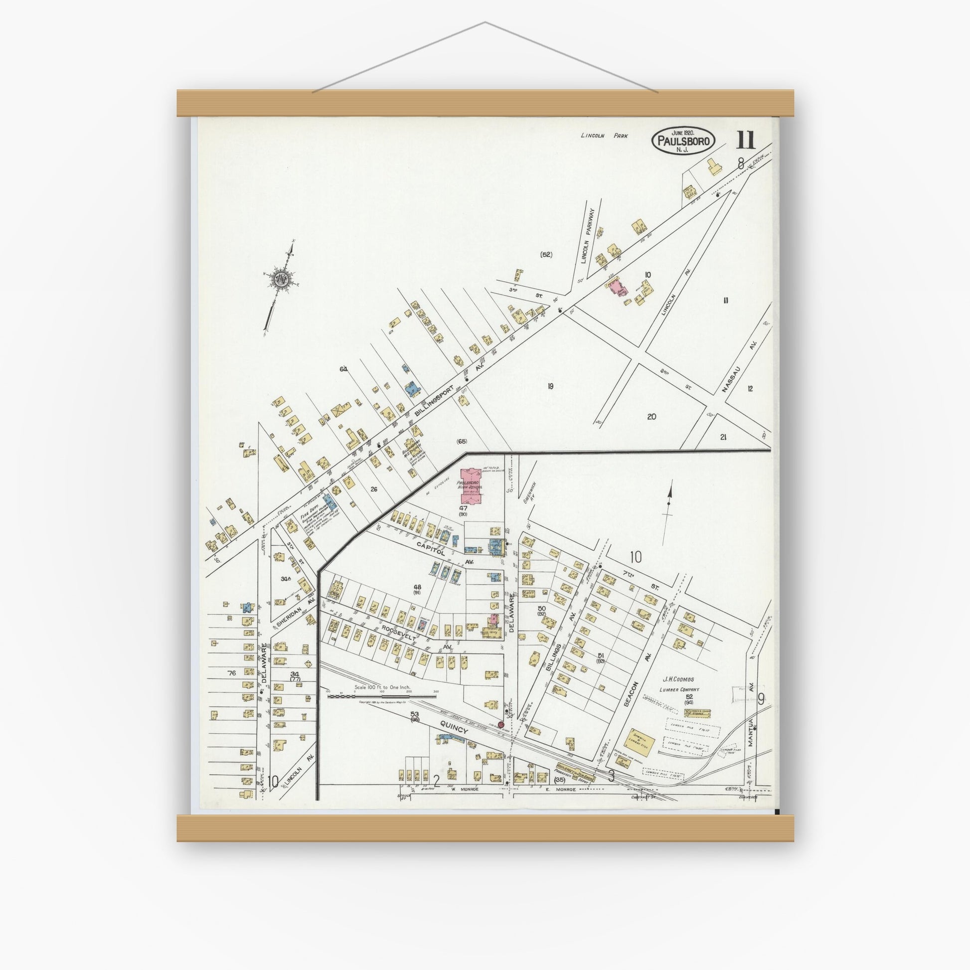 Old map wall art mockup — magnetic wood frame on white wall — Sanborn Fire Insurance Map from Paulsboro, Gloucester County, New Jersey (1920), Sheet #0011