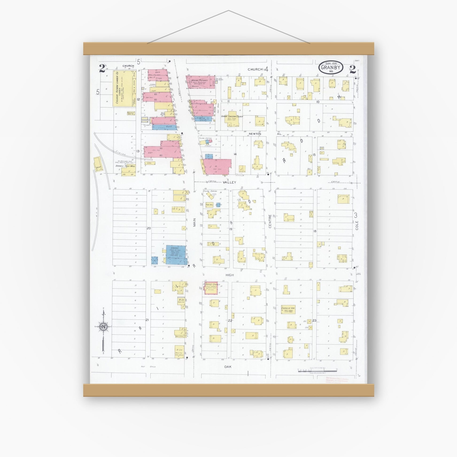 Old map wall art mockup — magnetic wood frame on white wall — Sanborn Fire Insurance Map from Granby, Newton County, Missouri (1930), Sheet #0002