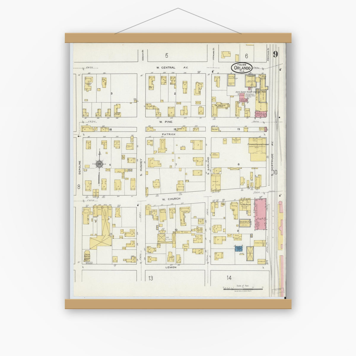 Old map wall art mockup — magnetic wood frame on white wall — Sanborn Fire Insurance Map from Orlando, Orange County, Florida (1919), Sheet #0009