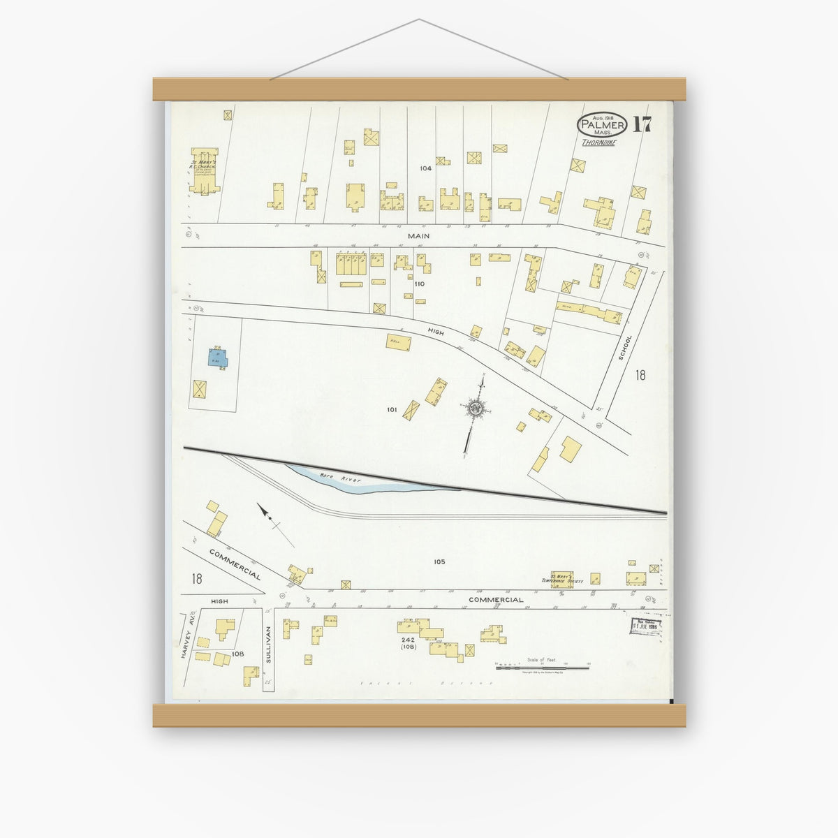 Old map wall art mockup — magnetic wood frame on white wall — Sanborn Fire Insurance Map from Palmer, Hampden County, Massachusetts (1918), Sheet #0017