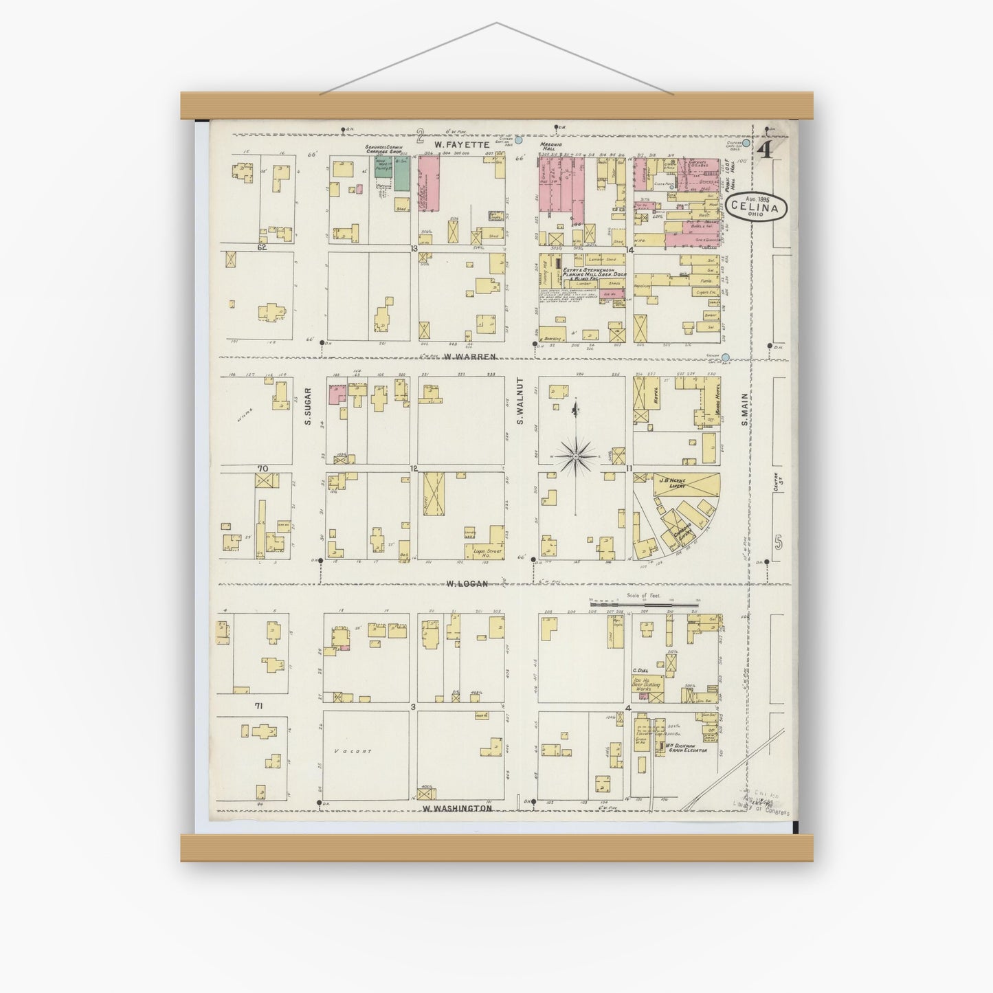 Old map wall art mockup — magnetic wood frame on white wall — Sanborn Fire Insurance Map from Celina, Mercer County, Ohio (1895), Sheet #0004