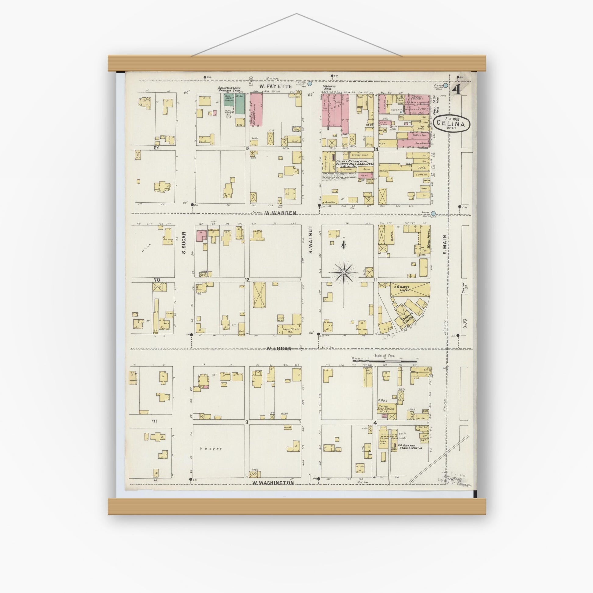 Old map wall art mockup — magnetic wood frame on white wall — Sanborn Fire Insurance Map from Celina, Mercer County, Ohio (1895), Sheet #0004