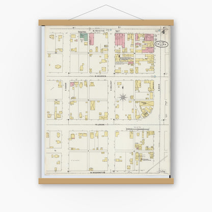 Old map wall art mockup — magnetic wood frame on white wall — Sanborn Fire Insurance Map from Celina, Mercer County, Ohio (1895), Sheet #0004