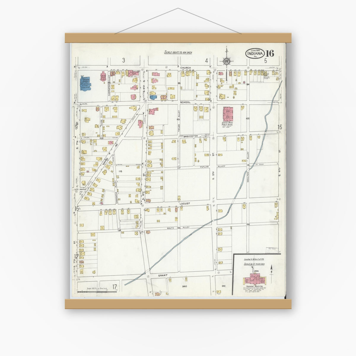Old map wall art mockup — magnetic wood frame on white wall — Sanborn Fire Insurance Map from Indiana, Indiana County, Pennsylvania (1916), Sheet #0016