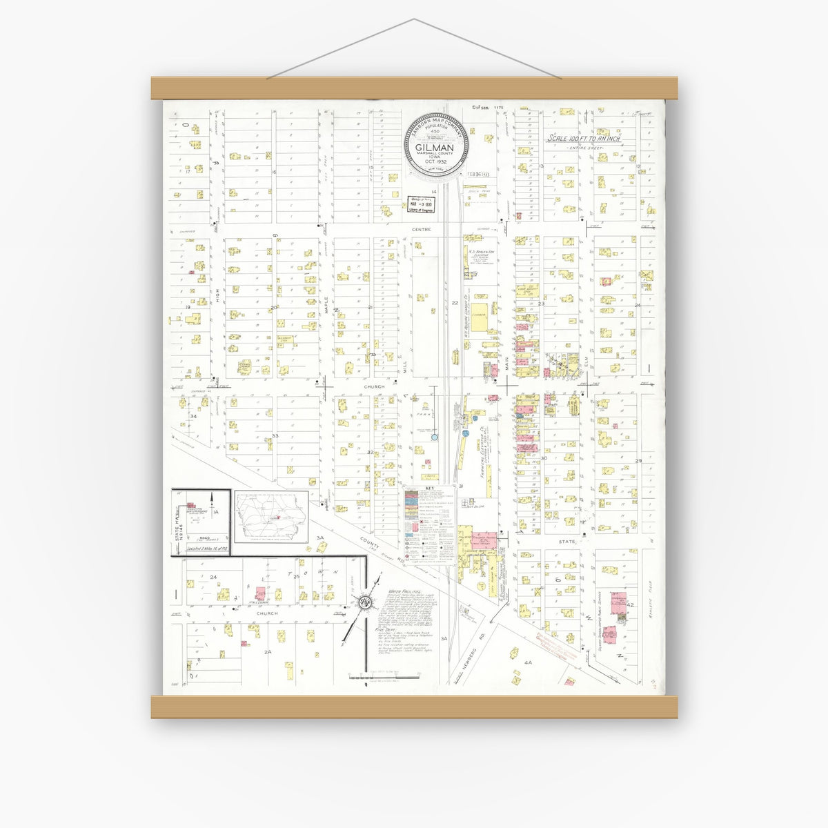 Old map wall art mockup — magnetic wood frame on white wall — Sanborn Fire Insurance Map from Gilman, Marshall County, Iowa (1932), Sheet #0001
