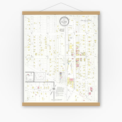 Old map wall art mockup — magnetic wood frame on white wall — Sanborn Fire Insurance Map from Gilman, Marshall County, Iowa (1932), Sheet #0001
