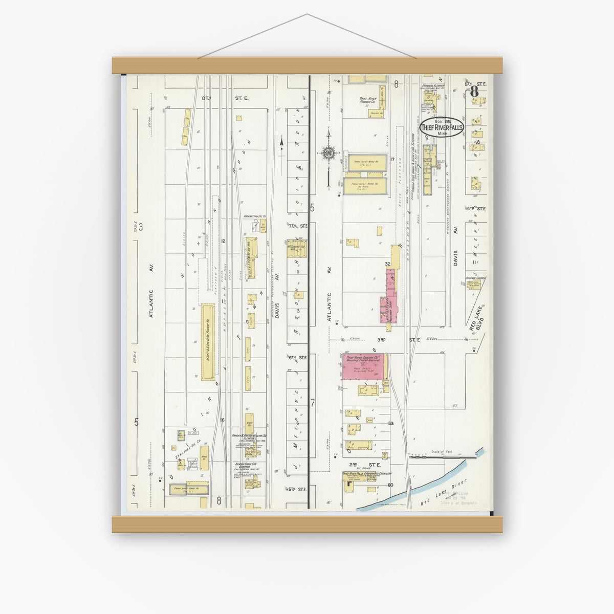 Old map wall art mockup — magnetic wood frame on white wall — Sanborn Fire Insurance Map from Thief River Falls, Pennington County, Minnesota (1916), Sheet #0008