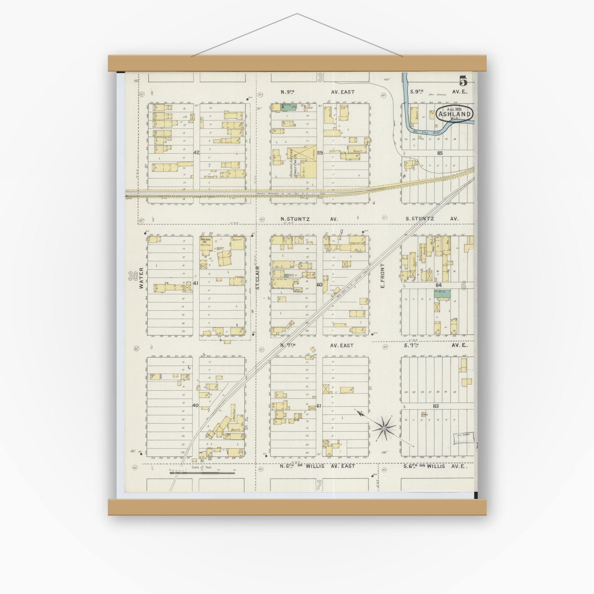 Old map wall art mockup — magnetic wood frame on white wall — Sanborn Fire Insurance Map from Ashland, Ashland County, Wisconsin (1895), Sheet #0005
