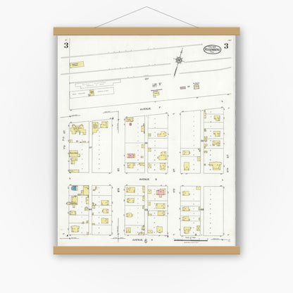 Old map wall art mockup — magnetic wood frame on white wall — Sanborn Fire Insurance Map from Rosenberg, Fort Bend County, Texas (1926), Sheet #0003