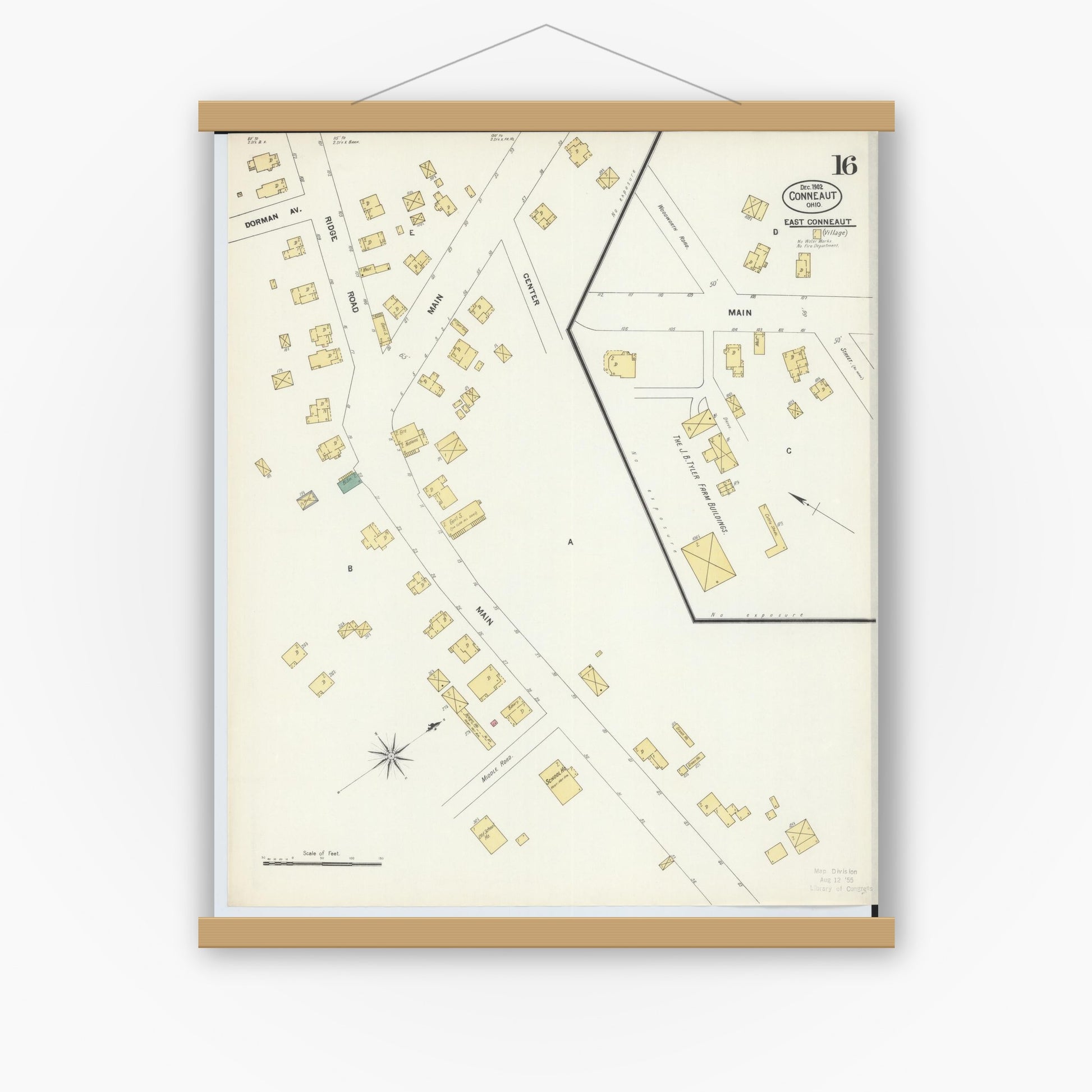 Old map wall art mockup — magnetic wood frame on white wall — Sanborn Fire Insurance Map from Conneaut, Ashtabula County, Ohio (1902), Sheet #0016
