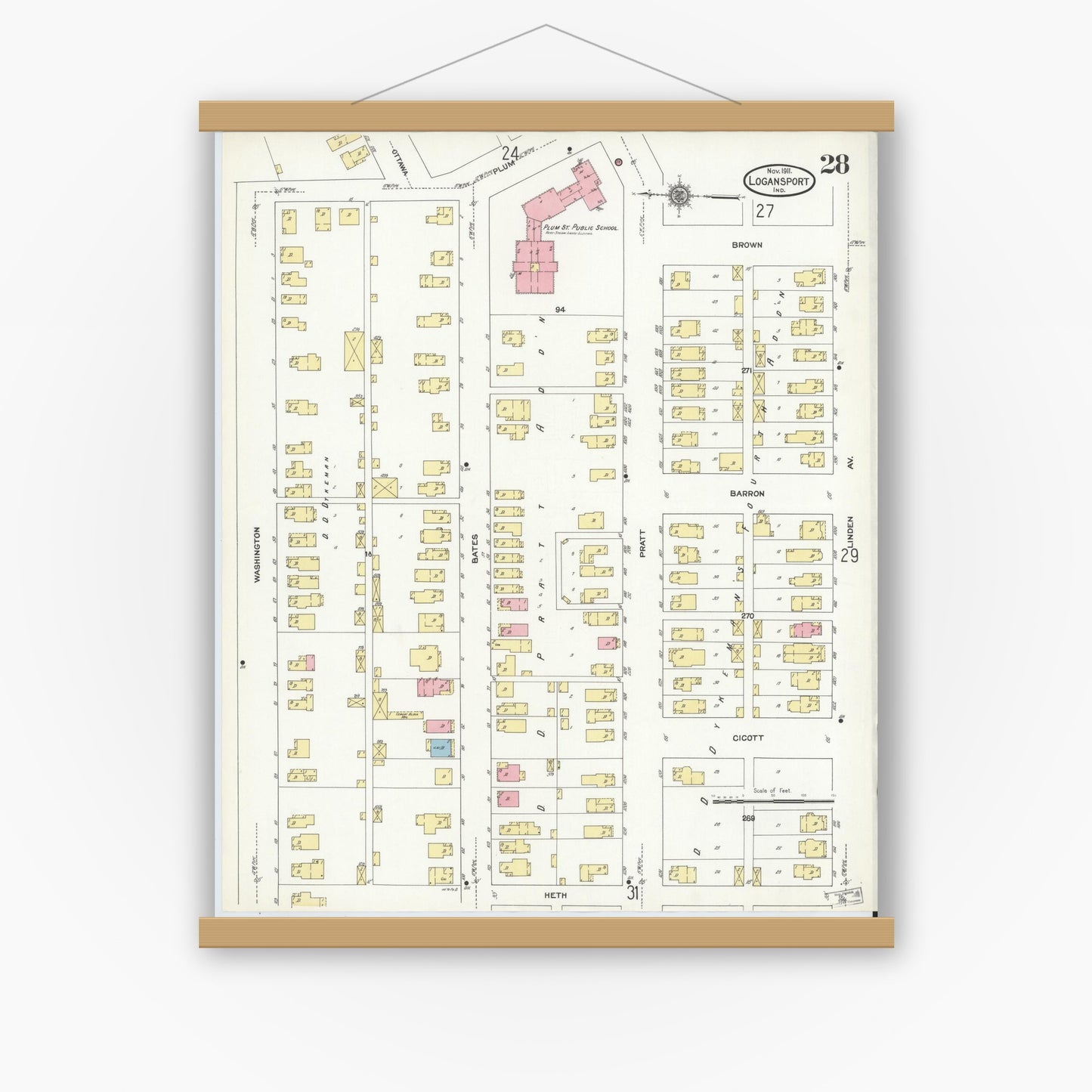 Old map wall art mockup — magnetic wood frame on white wall — Sanborn Fire Insurance Map from Logansport, Cass County, Indiana (1906), Sheet #0028