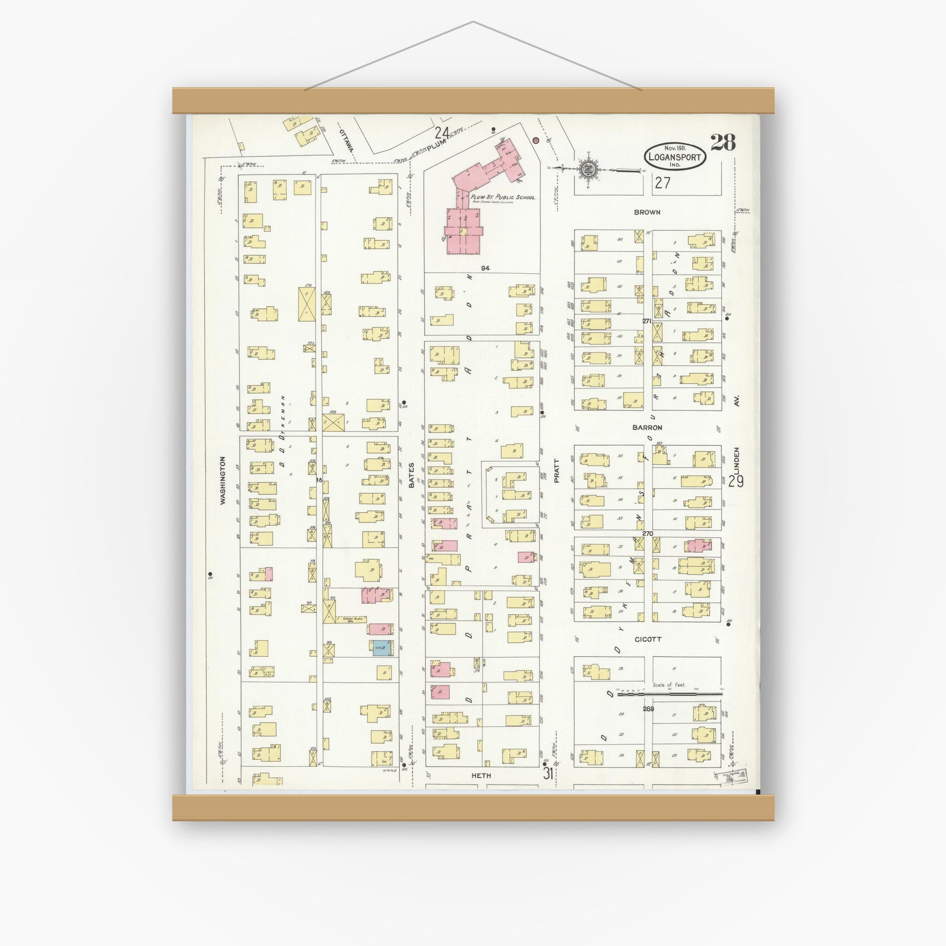 Old map wall art mockup — magnetic wood frame on white wall — Sanborn Fire Insurance Map from Logansport, Cass County, Indiana (1906), Sheet #0028