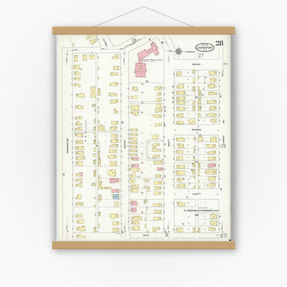 Old map wall art mockup — magnetic wood frame on white wall — Sanborn Fire Insurance Map from Logansport, Cass County, Indiana (1906), Sheet #0028