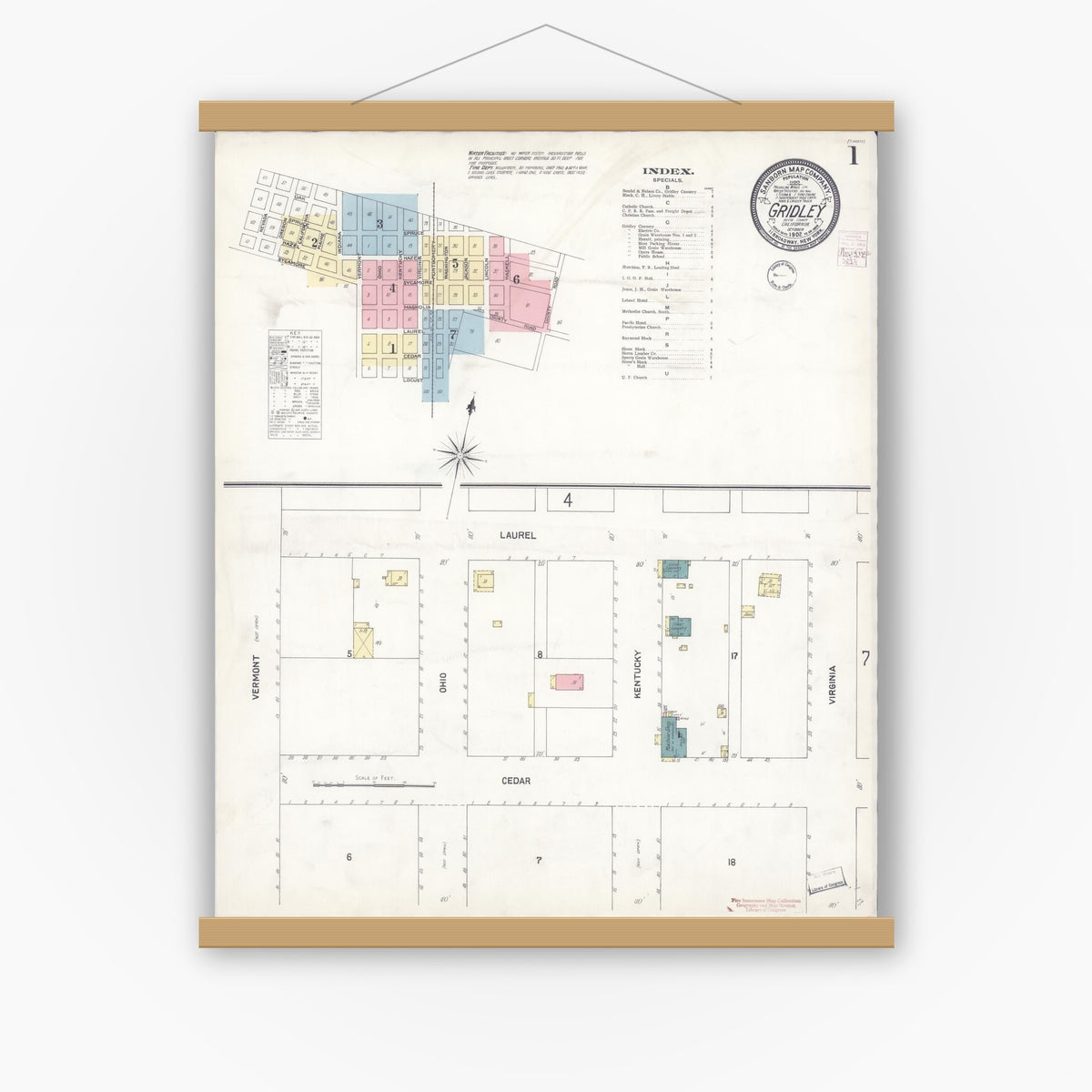 Old map wall art mockup — magnetic wood frame on white wall — Sanborn Fire Insurance Map from Gridley, Butte County, California (1902) - Complete Map Set