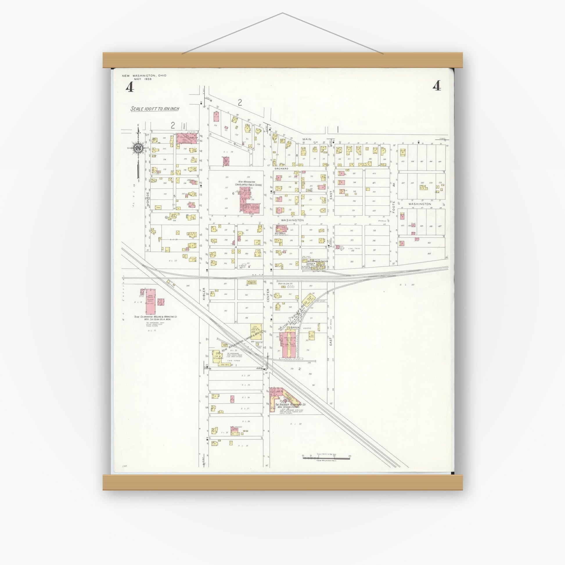 Old map wall art mockup — magnetic wood frame on white wall — Sanborn Fire Insurance Map from New Washington, Crawford County, Ohio (1938), Sheet #0004
