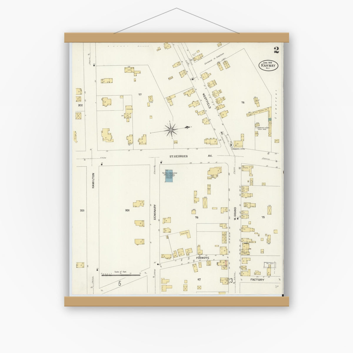 Old map wall art mockup — magnetic wood frame on white wall — Sanborn Fire Insurance Map from Rahway, Union County, New Jersey (1908) - Complete Map Set