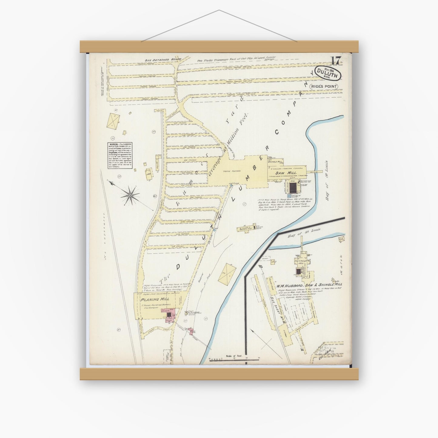 Old map wall art mockup — magnetic wood frame on white wall — Sanborn Fire Insurance Map from Duluth, Saint Louis County, Minnesota (1884), Sheet #0017