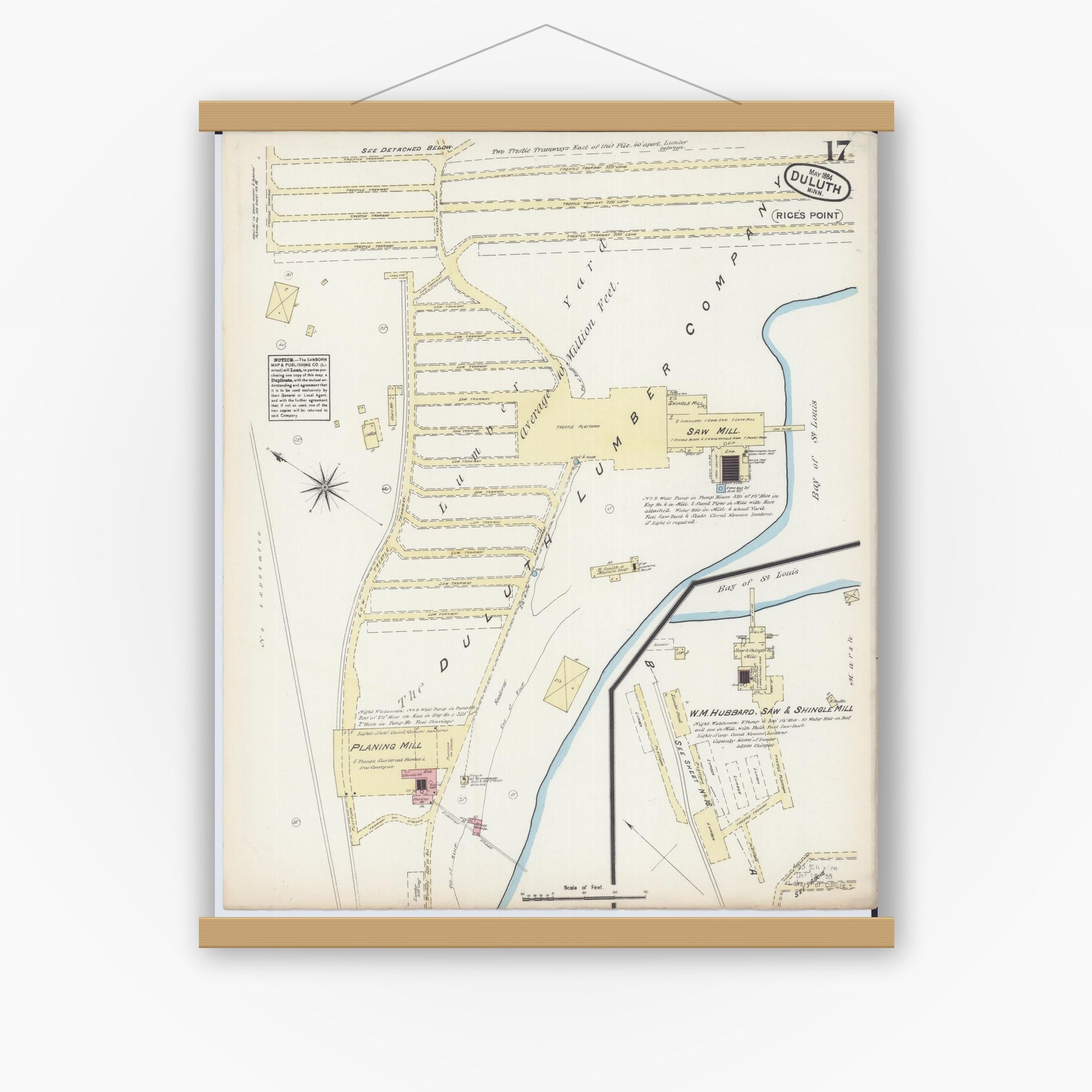 Old map wall art mockup — magnetic wood frame on white wall — Sanborn Fire Insurance Map from Duluth, Saint Louis County, Minnesota (1884), Sheet #0017