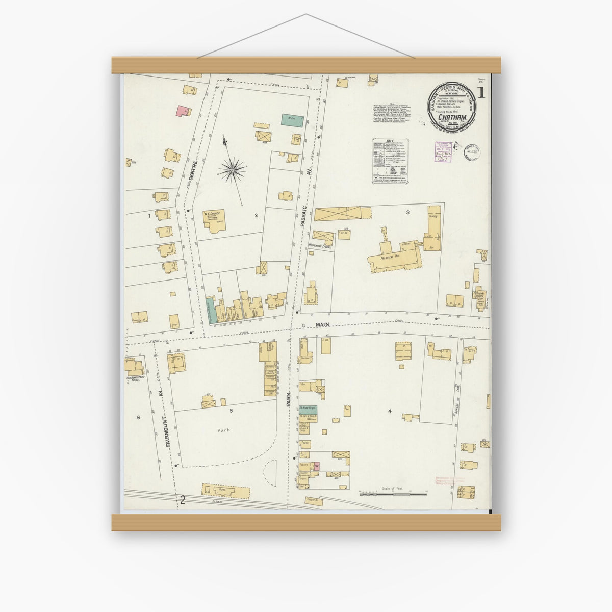 Old map wall art mockup — magnetic wood frame on white wall — Sanborn Fire Insurance Map from Chatham, Morris County, New Jersey (1901), Sheet #0001