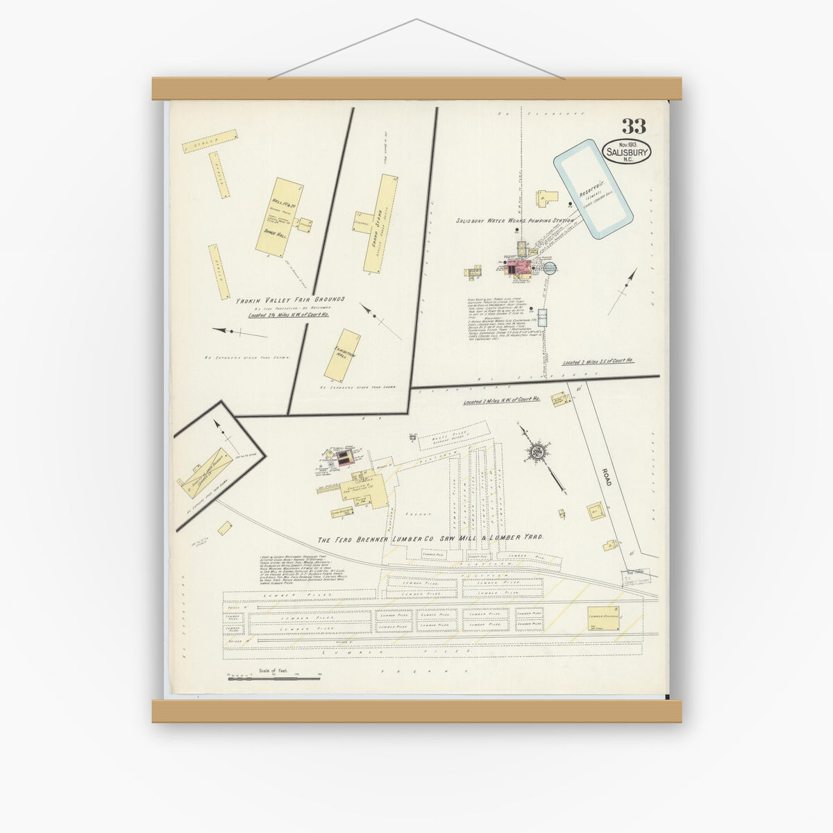Old map wall art mockup — magnetic wood frame on white wall — Sanborn Fire Insurance Map from Salisbury, Rowan County, North Carolina (1913), Sheet #0033