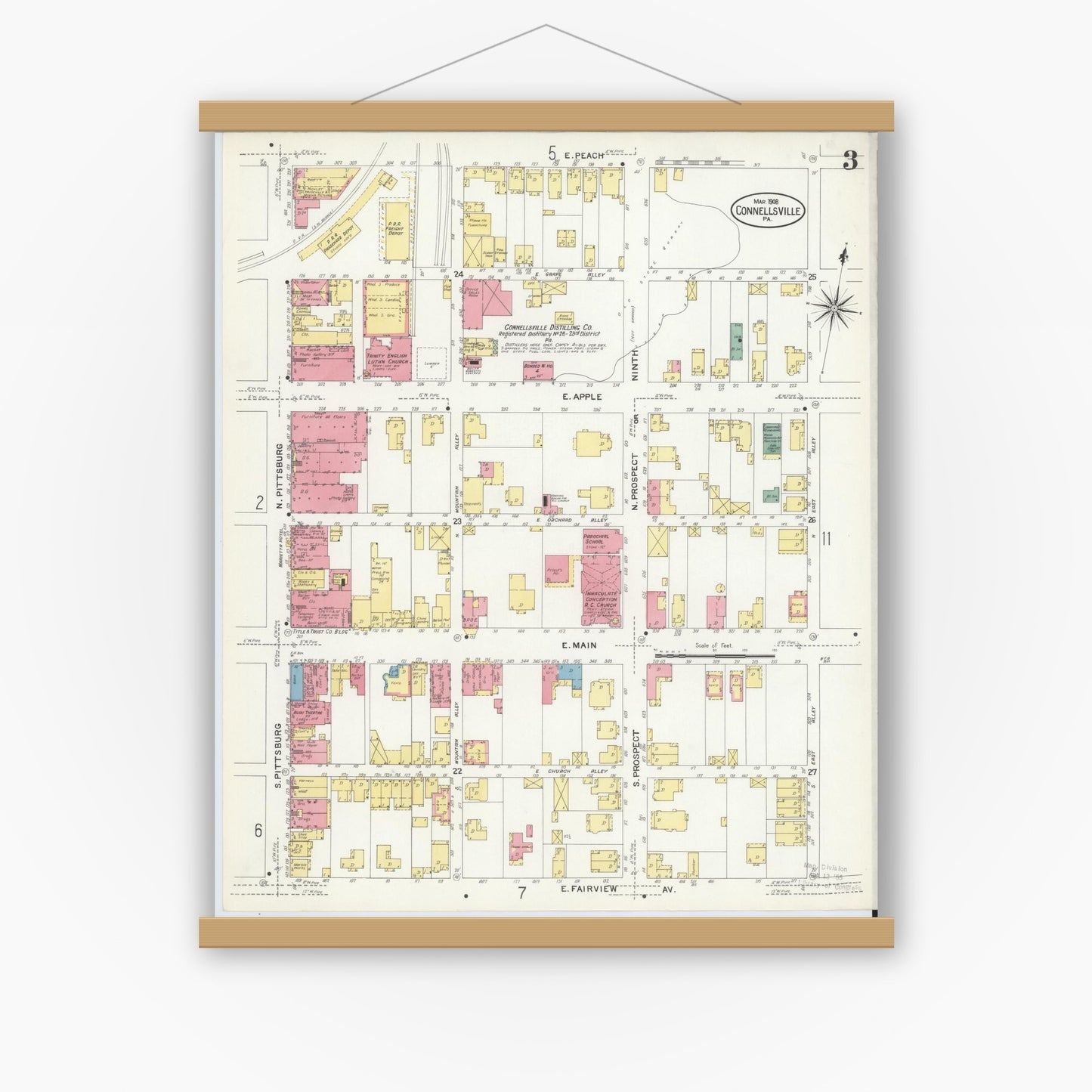 Old map wall art mockup — magnetic wood frame on white wall — Sanborn Fire Insurance Map from Connellsville, Fayette County, Pennsylvania (1908), Sheet #0003