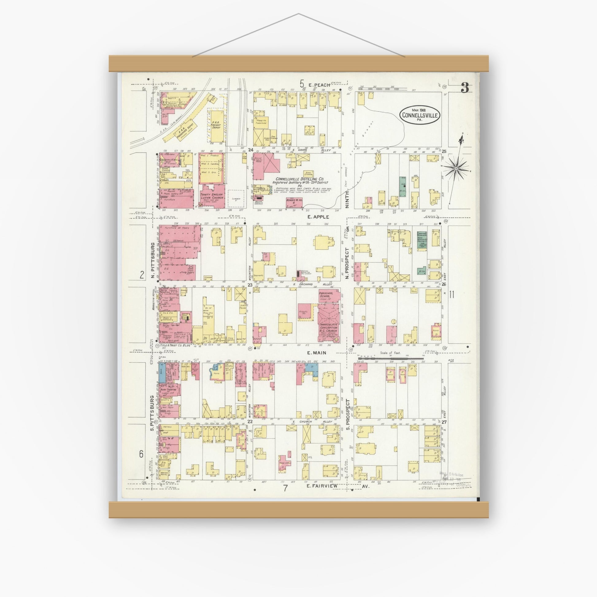Old map wall art mockup — magnetic wood frame on white wall — Sanborn Fire Insurance Map from Connellsville, Fayette County, Pennsylvania (1908), Sheet #0003