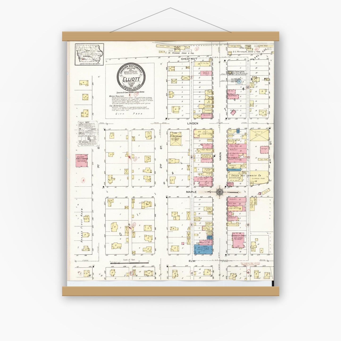 Old map wall art mockup — magnetic wood frame on white wall — Sanborn Fire Insurance Map from Elliott, Montgomery County, Iowa (1921), Sheet #0001