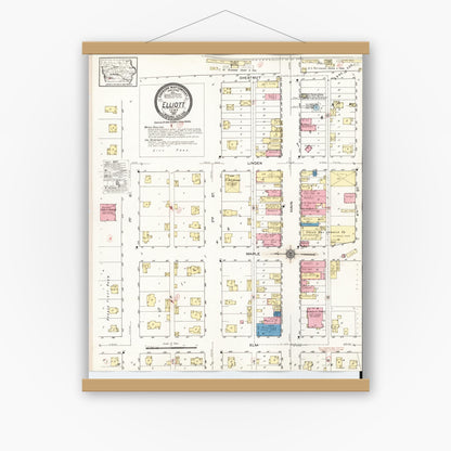 Old map wall art mockup — magnetic wood frame on white wall — Sanborn Fire Insurance Map from Elliott, Montgomery County, Iowa (1921), Sheet #0001