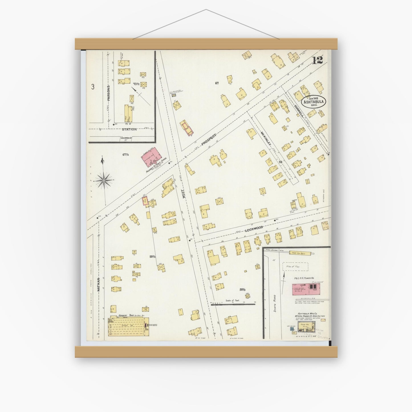 Old map wall art mockup — magnetic wood frame on white wall — Sanborn Fire Insurance Map from Ashtabula, Ashtabula County, Ohio (1903), Sheet #0012