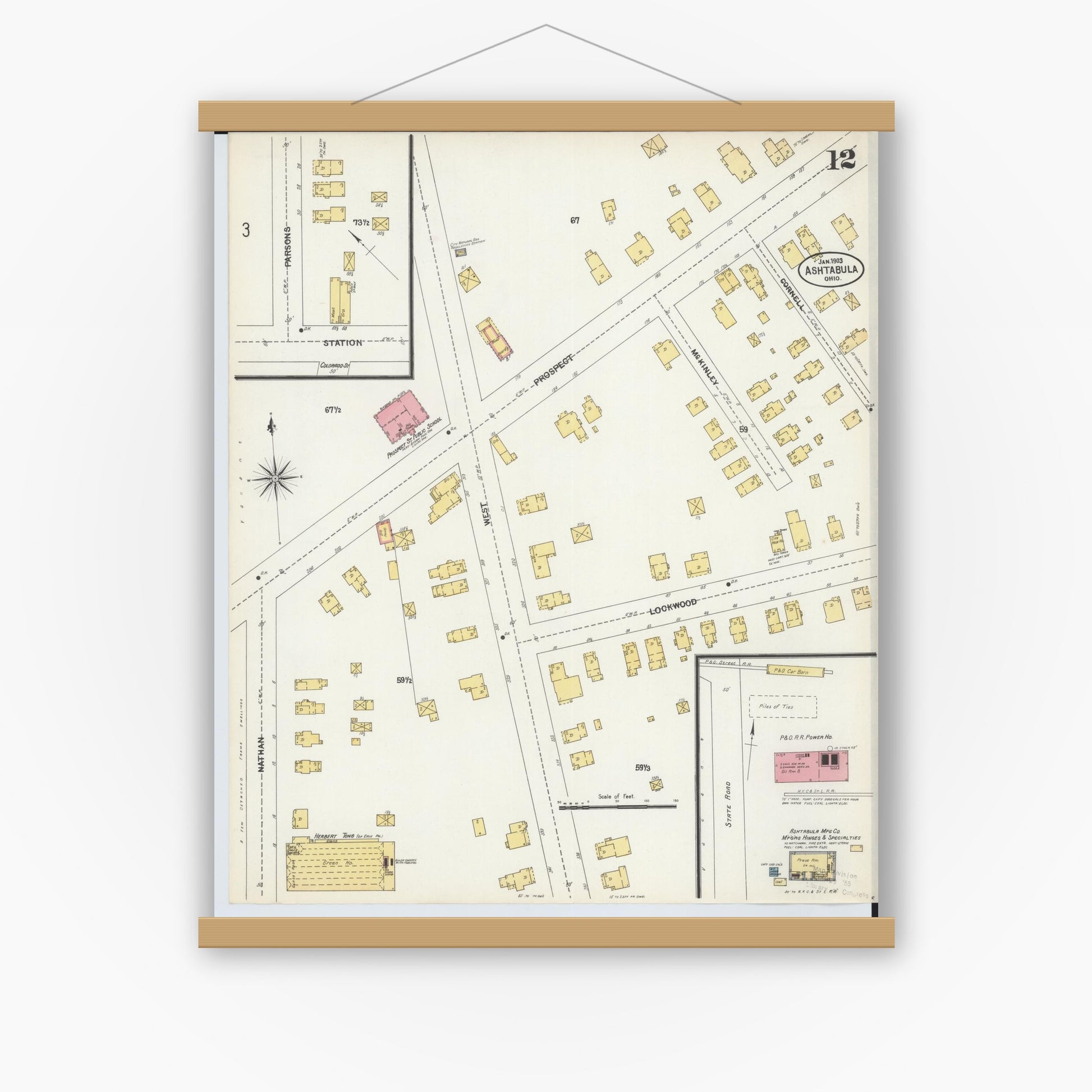 Old map wall art mockup — magnetic wood frame on white wall — Sanborn Fire Insurance Map from Ashtabula, Ashtabula County, Ohio (1903), Sheet #0012