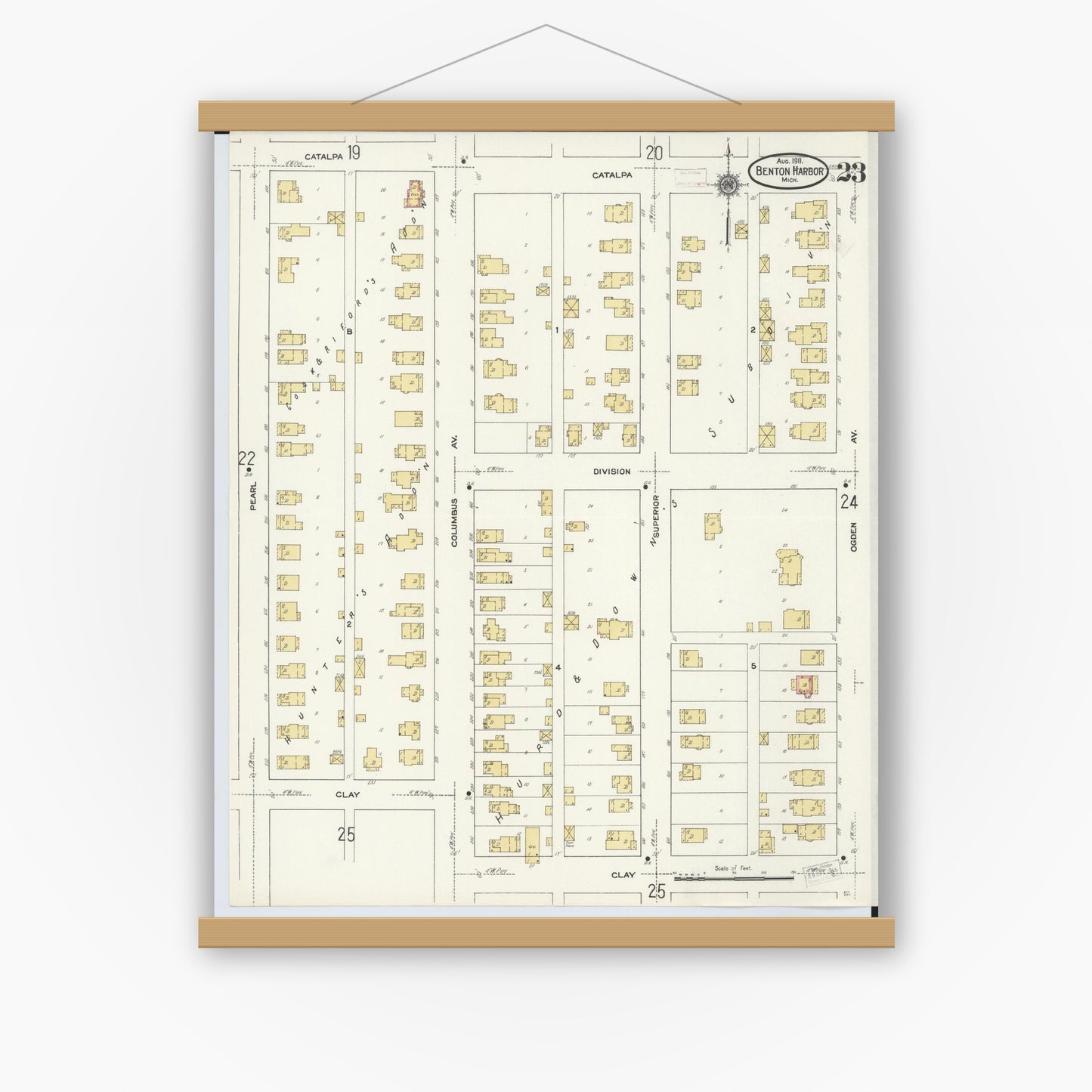 Old map wall art mockup — magnetic wood frame on white wall — Sanborn Fire Insurance Map from Benton Harbor, Berrien County, Michigan (1911), Sheet #0023