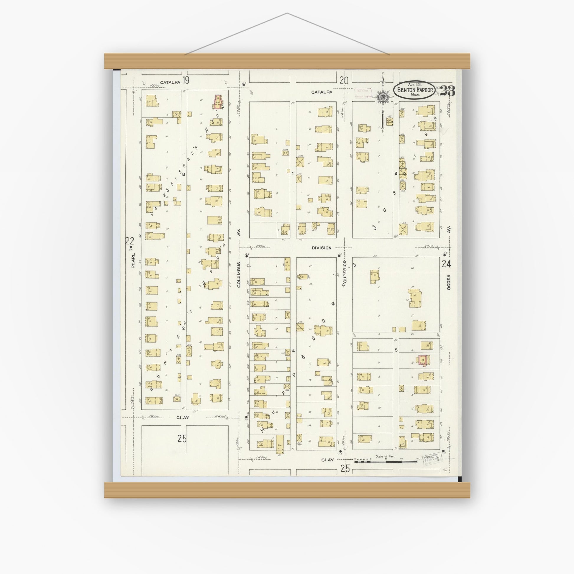 Old map wall art mockup — magnetic wood frame on white wall — Sanborn Fire Insurance Map from Benton Harbor, Berrien County, Michigan (1911), Sheet #0023