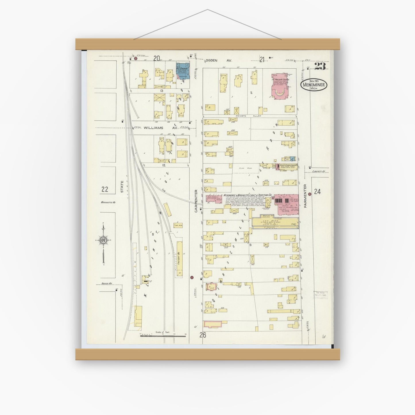 Old map wall art mockup — magnetic wood frame on white wall — Sanborn Fire Insurance Map from Menominee, Menominee County, Michigan (1913), Sheet #0023