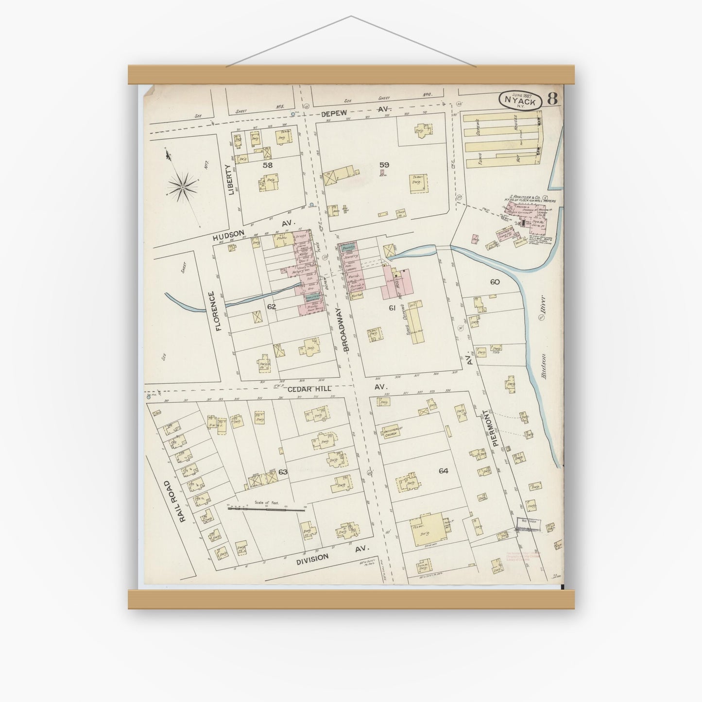 Old map wall art mockup — magnetic wood frame on white wall — Sanborn Fire Insurance Map from Nyack, Rockland County, New York. (1887), Sheet #0008