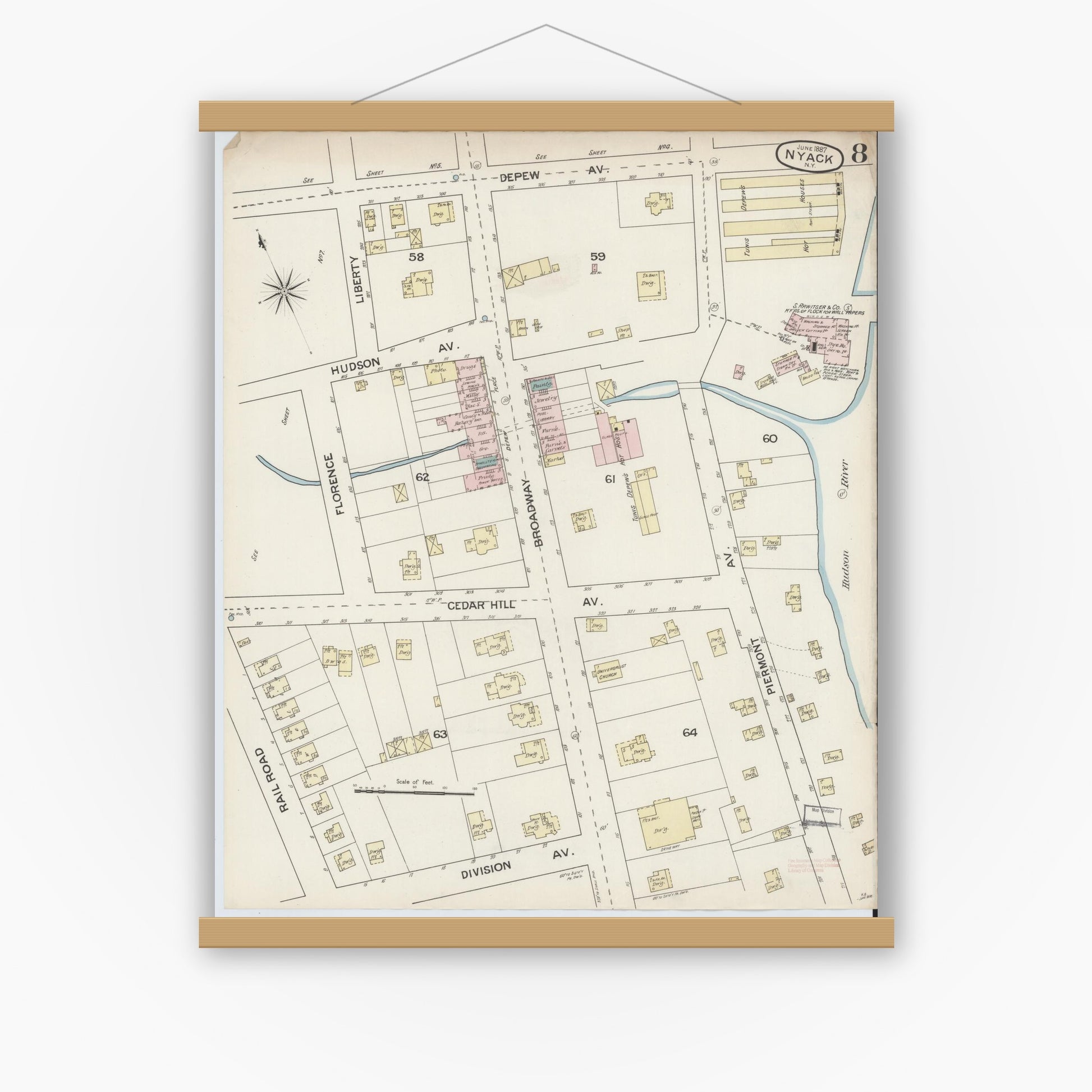 Old map wall art mockup — magnetic wood frame on white wall — Sanborn Fire Insurance Map from Nyack, Rockland County, New York. (1887), Sheet #0008